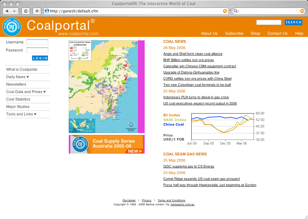 Coalportal homepage showing industry news, publications, search and coal price indices