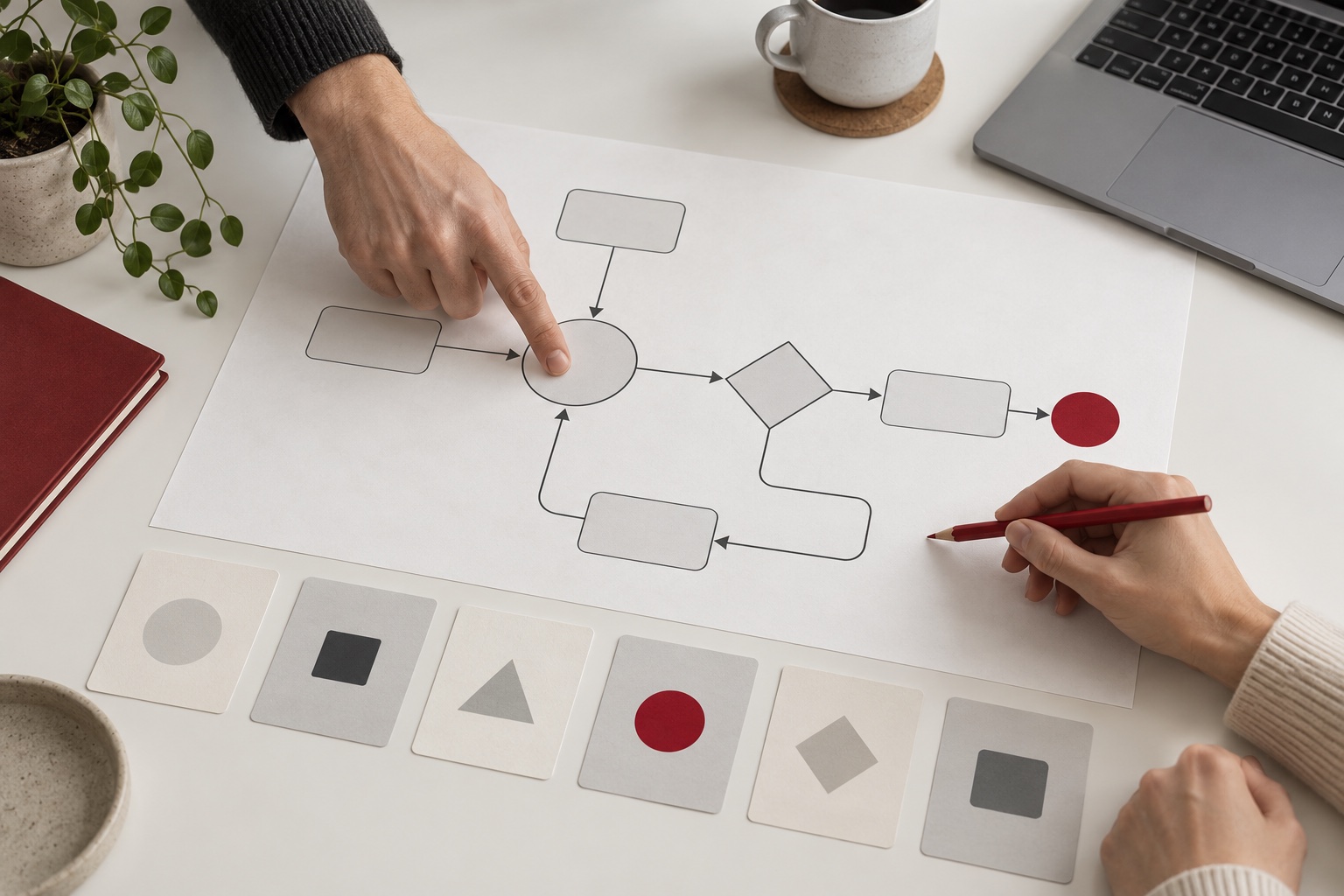 AI illustration of a business process workshop with notes and application sketches