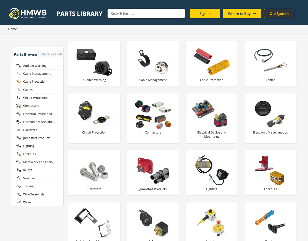 HMWS Parts Library in 2026, with search, category navigation and product imagery