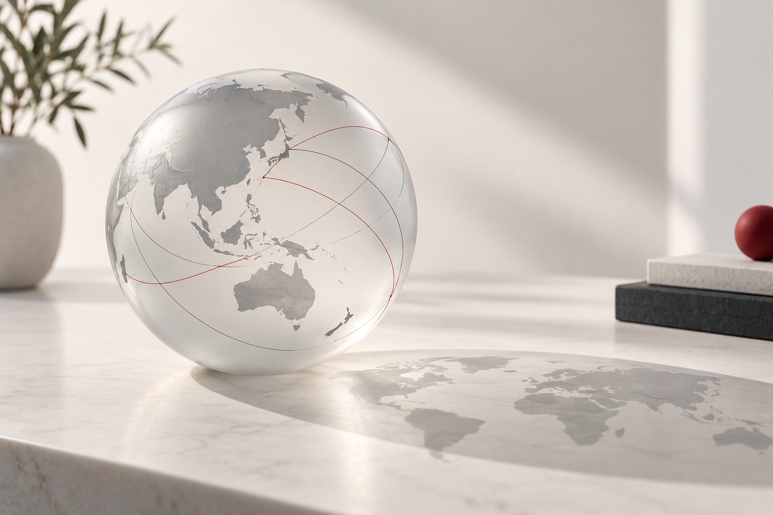 Conceptual AI illustration of international connections around a globe