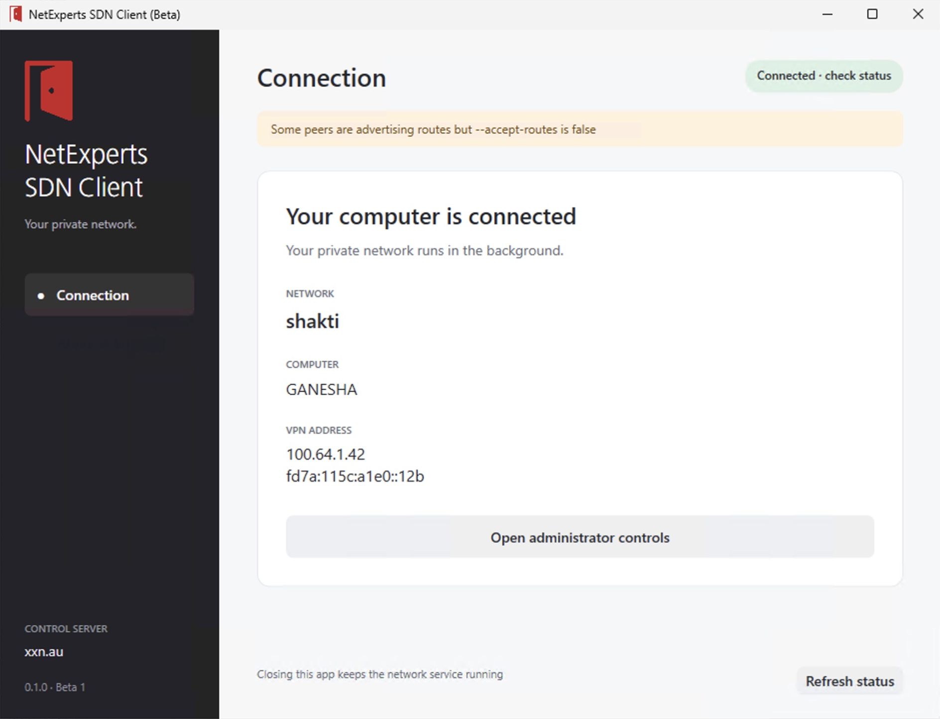 NetExperts Private Network Client running on Windows and connected to the NetExperts private network