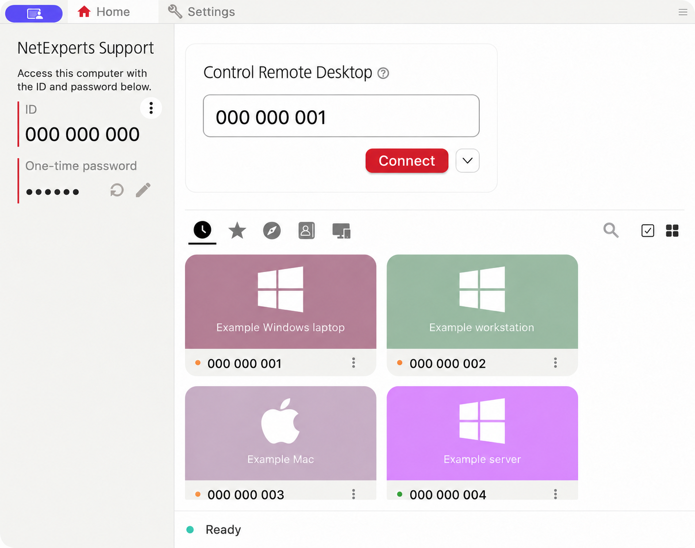 NetExperts Support home screen on macOS, with sample connection details and example devices