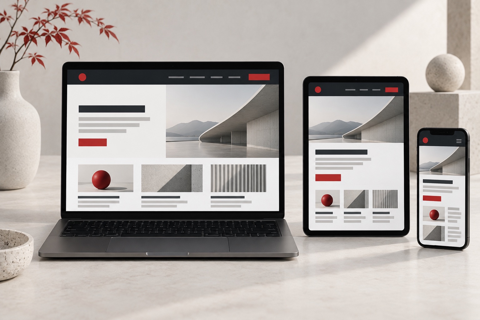 AI illustration of a responsive website layout on desktop, tablet and phone